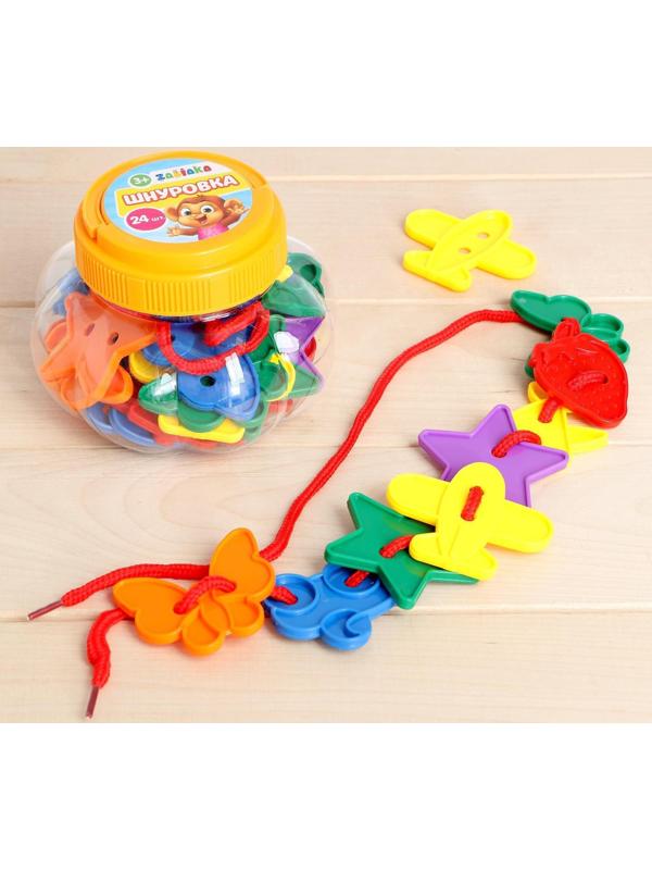 Шнуровка «Весёлые фигурки» в банке, 24 штуки, МИКС, по методике Монтессори