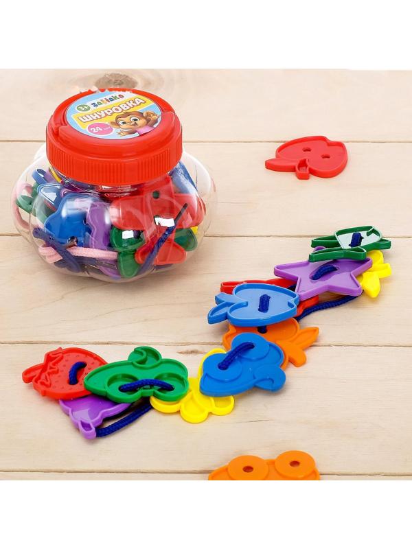 Шнуровка «Весёлые фигурки» в банке, 24 штуки, МИКС, по методике Монтессори