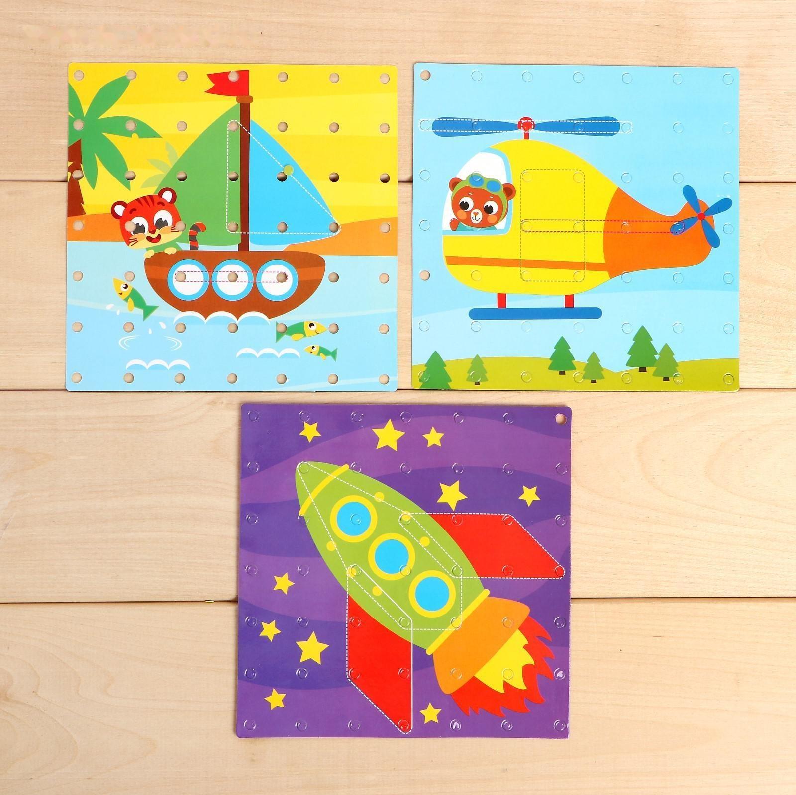 Геоборд двусторонний «Транспорт» со сменными картинками и резиночками, по методике Монтессори