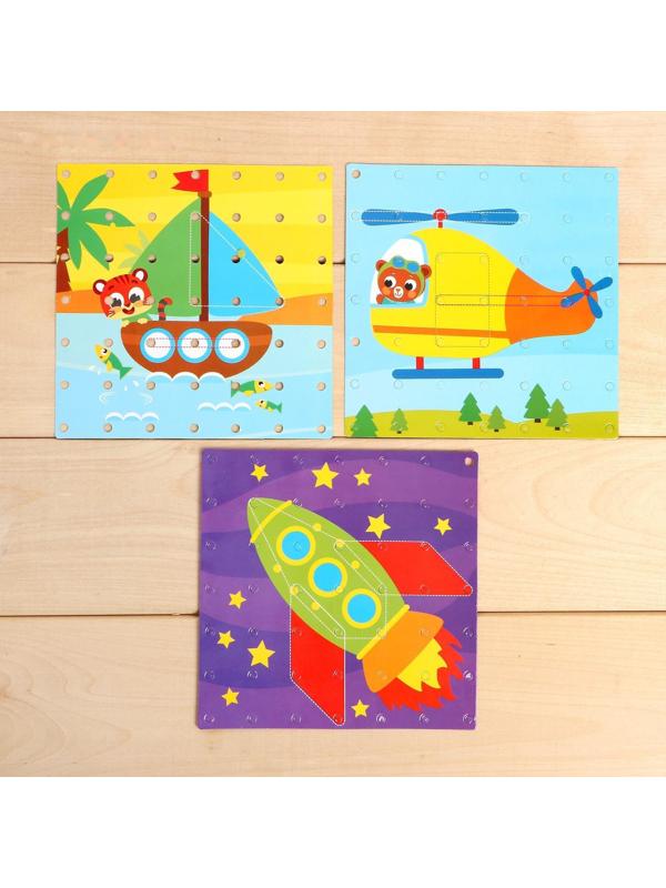 Геоборд двусторонний «Транспорт» со сменными картинками и резиночками, по методике Монтессори