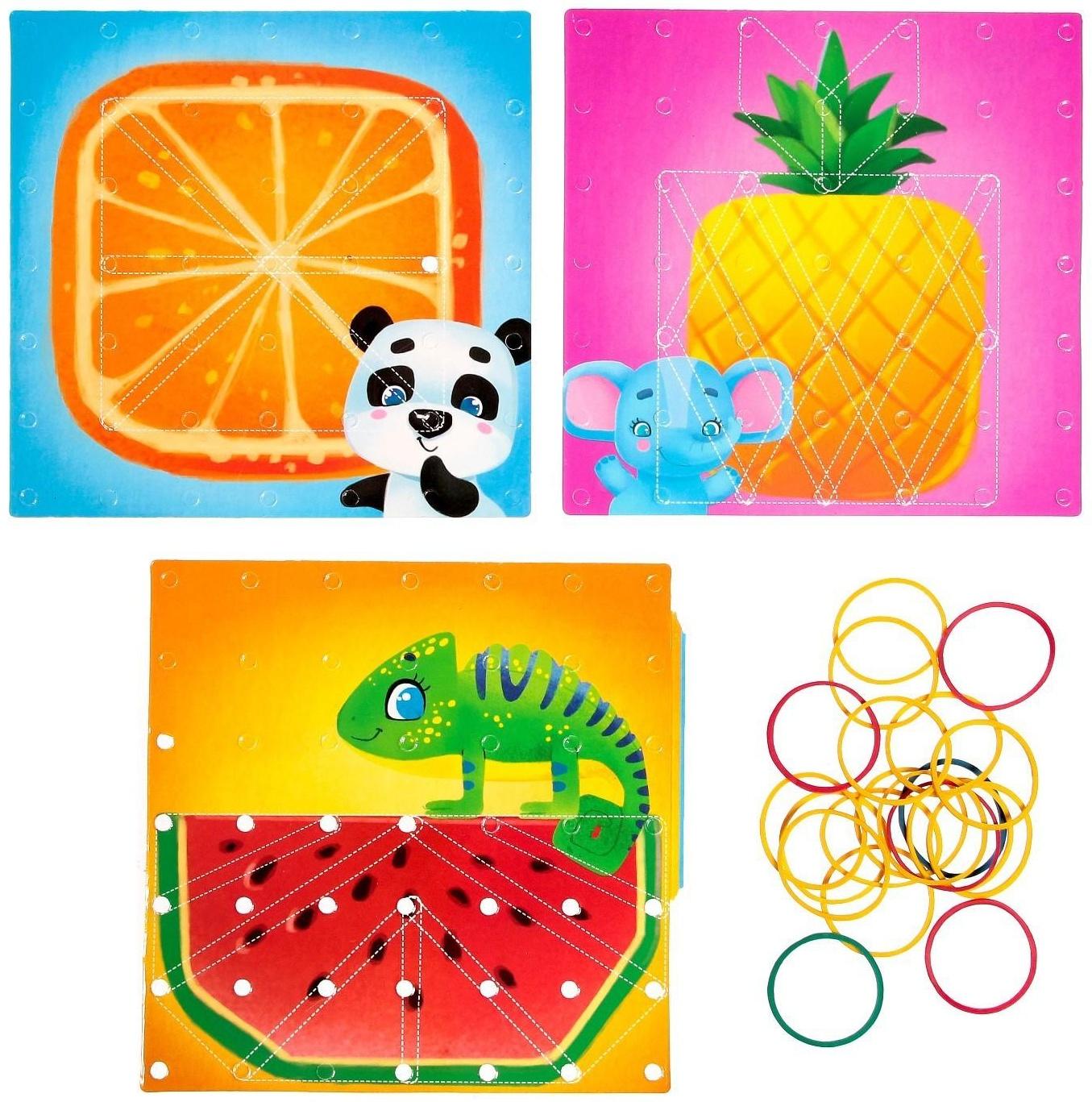 Геоборд двусторонний «Фрукты» со сменными картинками и резиночками, по методике Монтессори, планшет цвет МИКС