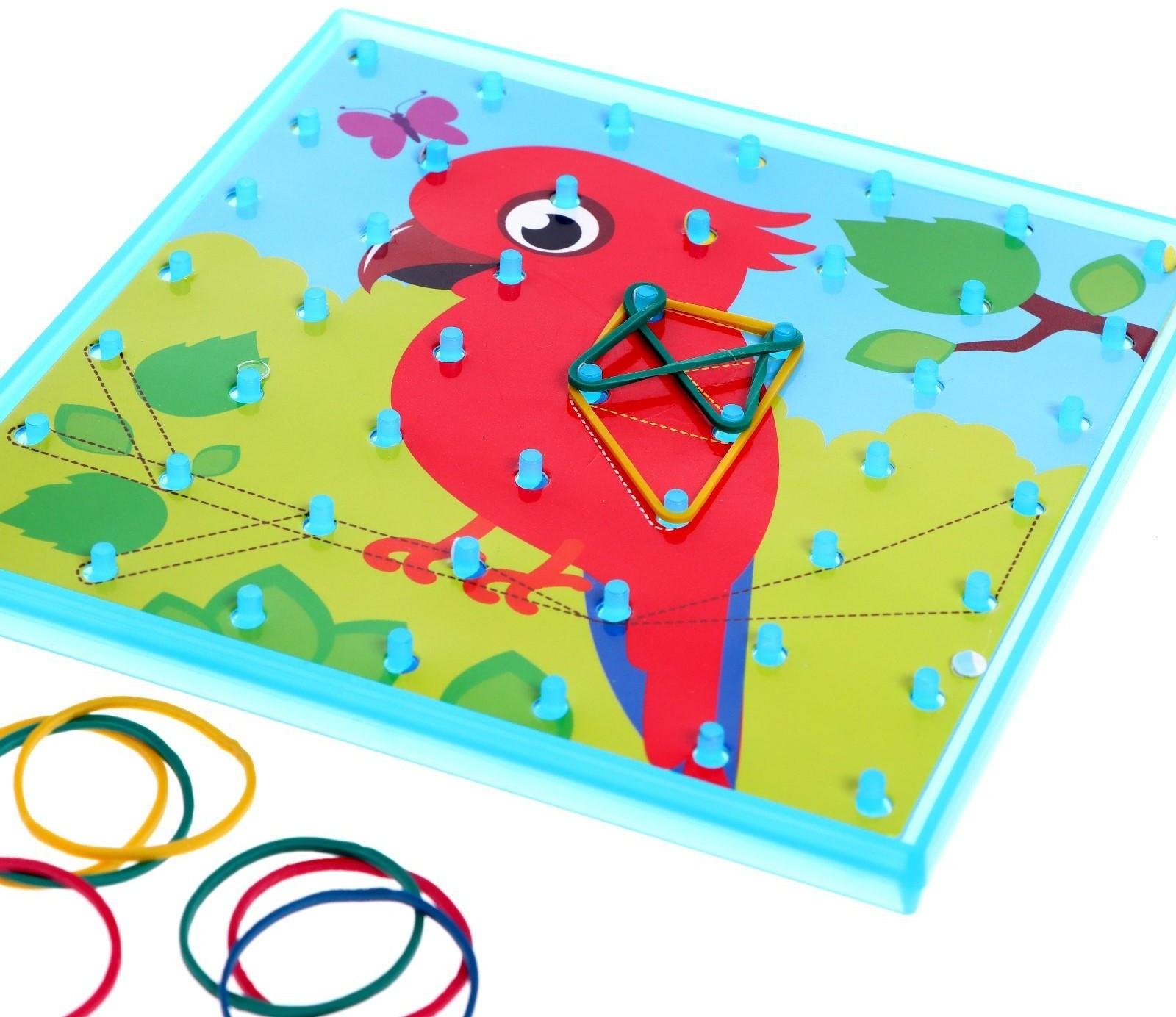 Геоборд двусторонний «Весёлые животные» со сменными картинками и резиночками, по методике Монтессори, планшет цвет МИКС