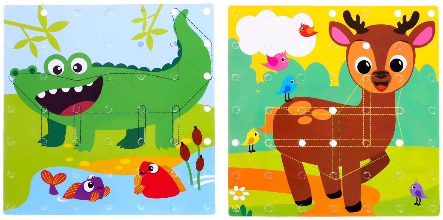 Геоборд двусторонний «Весёлые животные» со сменными картинками и резиночками, по методике Монтессори, планшет цвет МИКС