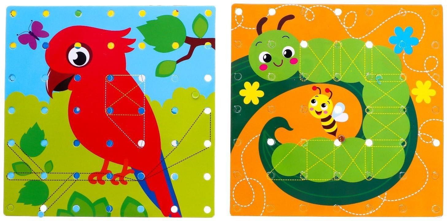 Геоборд двусторонний «Весёлые животные» со сменными картинками и резиночками, по методике Монтессори, планшет цвет МИКС