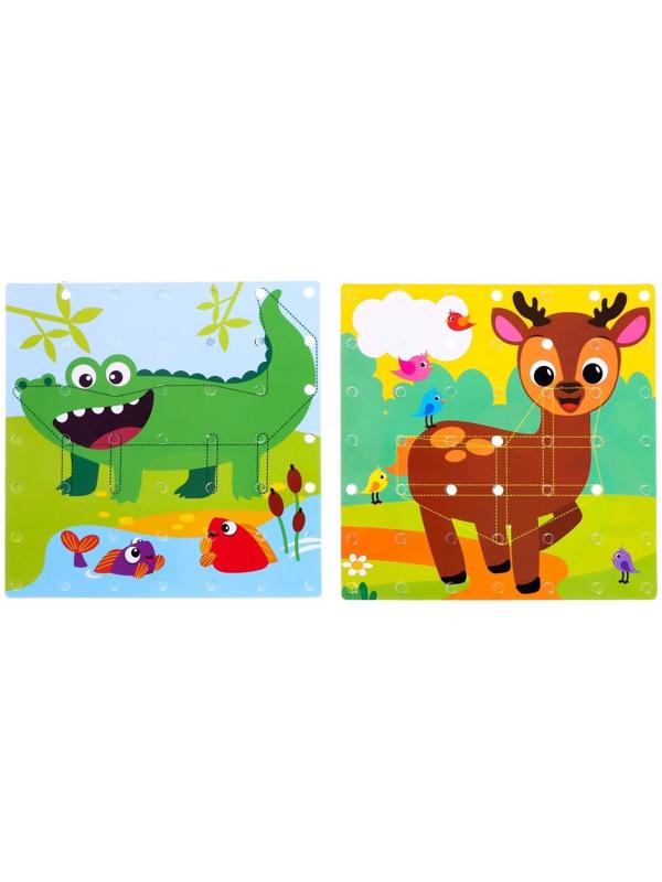 Геоборд двусторонний «Весёлые животные» со сменными картинками и резиночками, по методике Монтессори, планшет цвет МИКС