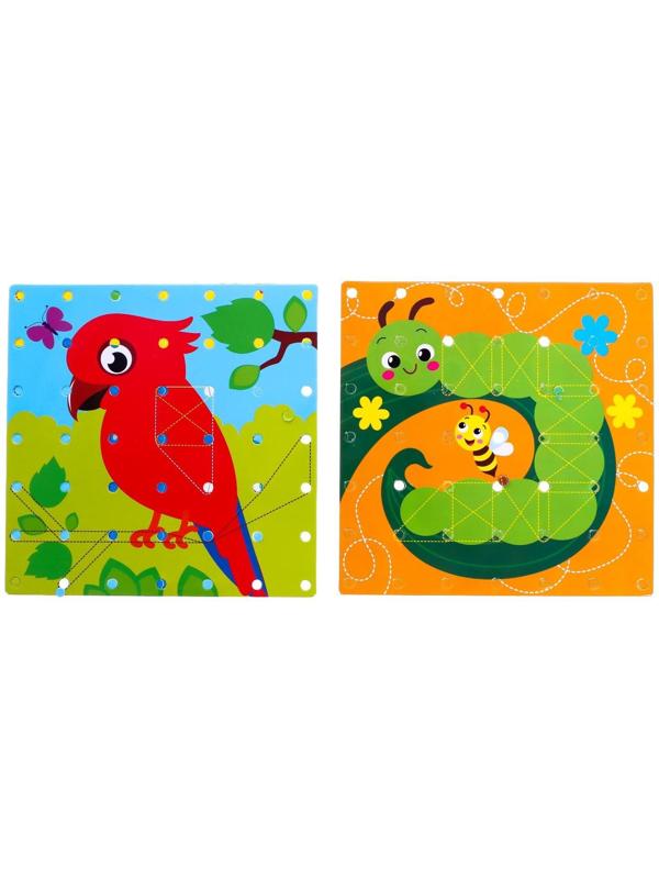 Геоборд двусторонний «Весёлые животные» со сменными картинками и резиночками, по методике Монтессори, планшет цвет МИКС