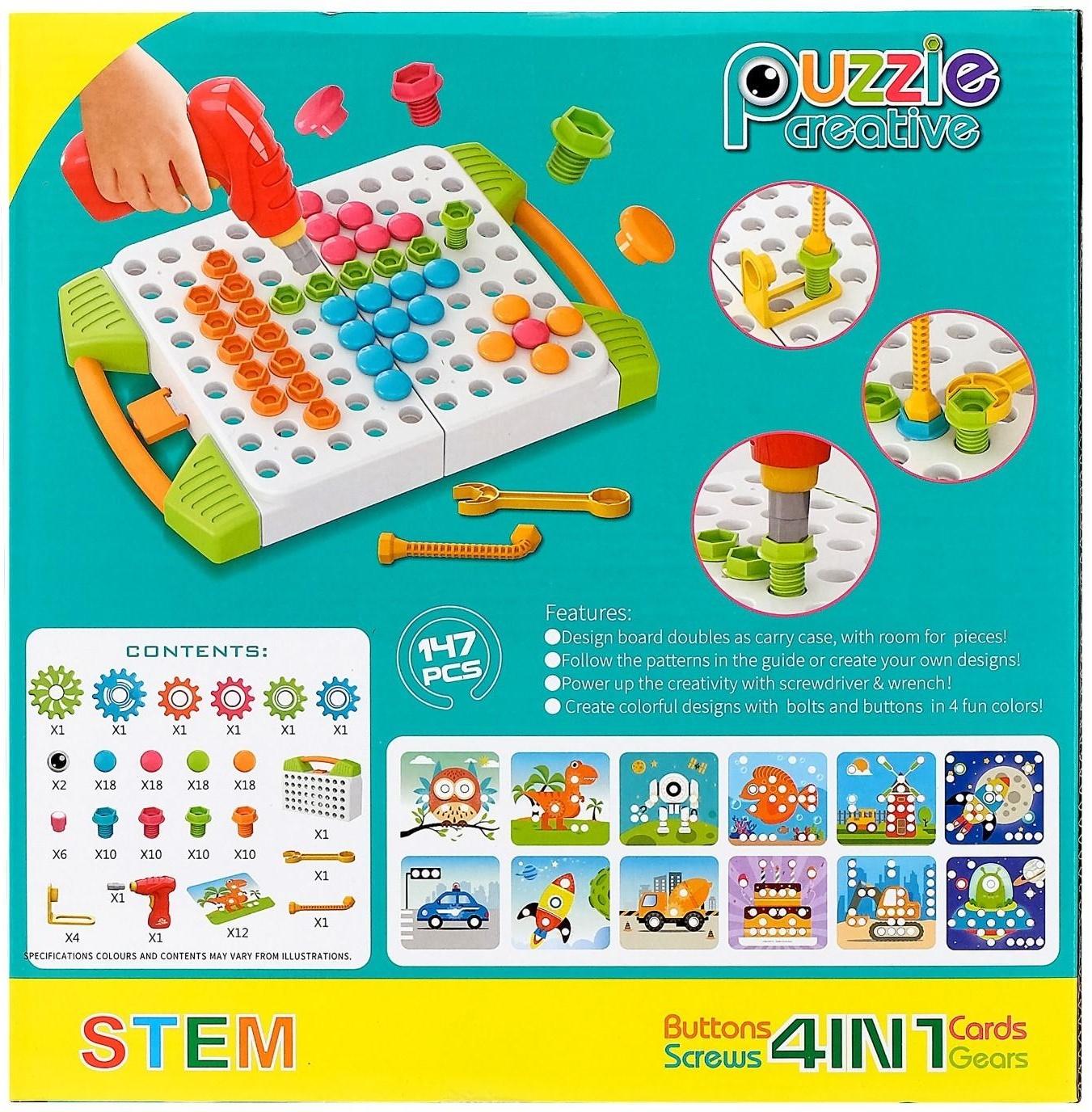 Конструктор винтовая мозайка «Пуговки шестеренки», 3 в 1, с шуруповертом, 147 деталей