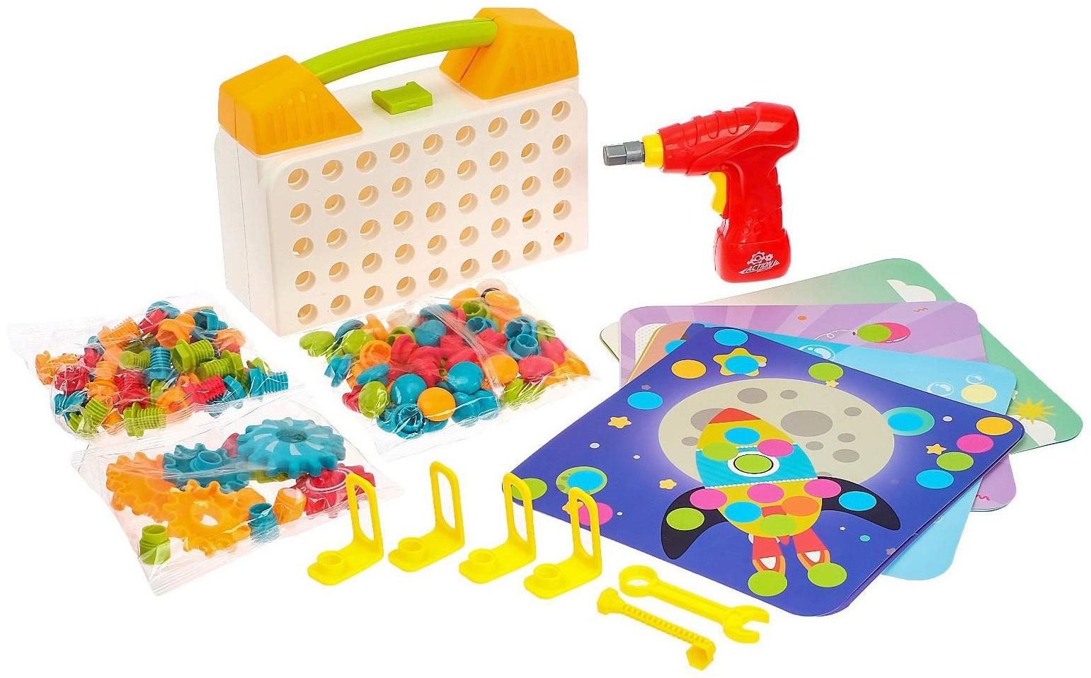 Конструктор винтовая мозайка «Пуговки шестеренки», 3 в 1, с шуруповертом, 147 деталей