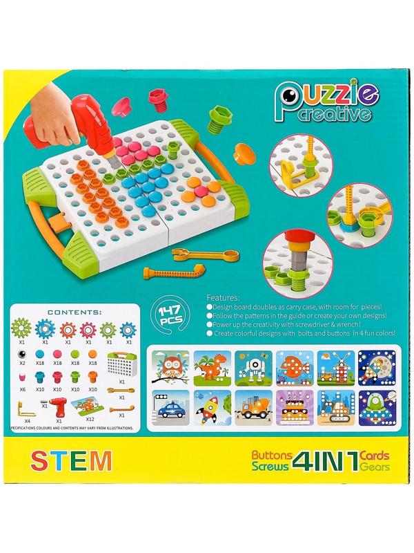 Конструктор винтовая мозайка «Пуговки шестеренки», 3 в 1, с шуруповертом, 147 деталей