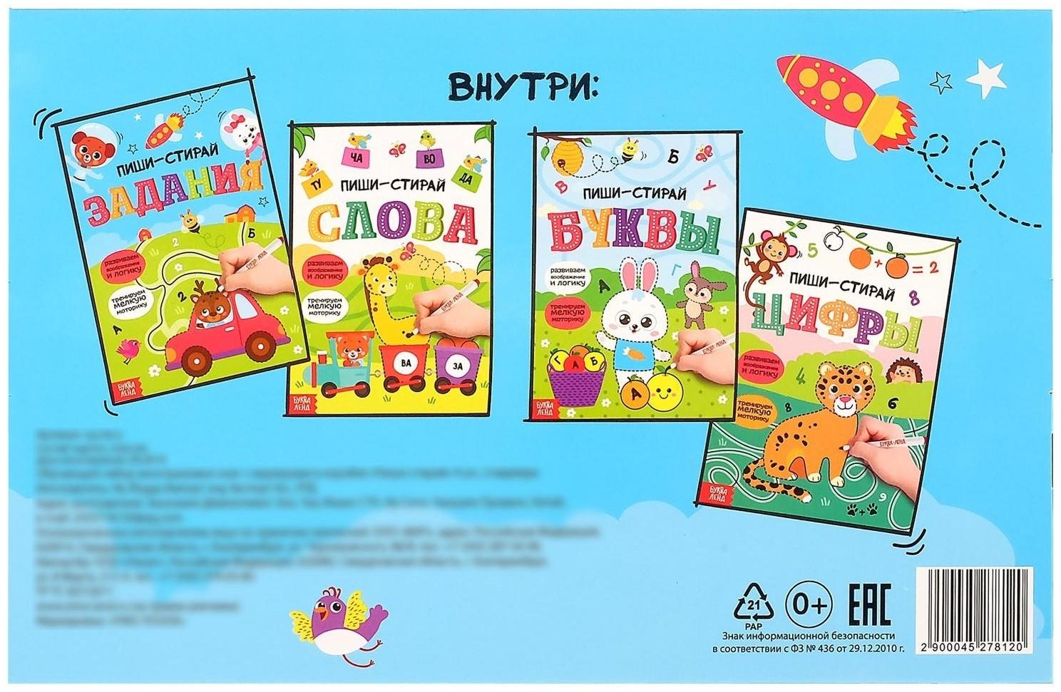 Обучающий набор многоразовых книг с маркерами в коробке «Пиши-стирай», 4 шт. по 12 стр. + 2 маркера