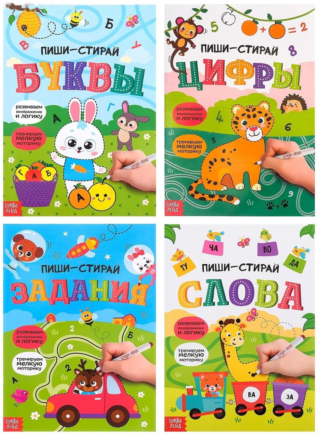 Обучающий набор многоразовых книг с маркерами в коробке «Пиши-стирай», 4 шт. по 12 стр. + 2 маркера