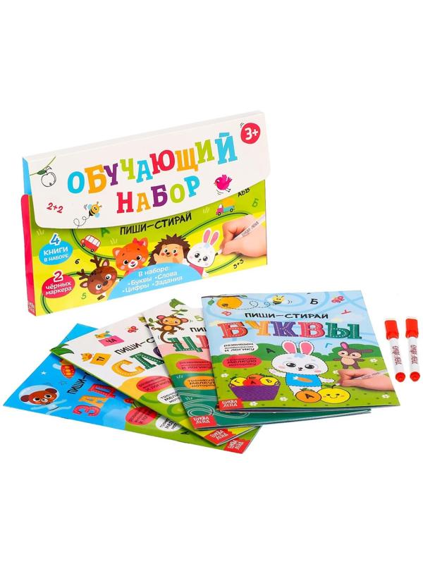 Обучающий набор многоразовых книг с маркерами в коробке «Пиши-стирай», 4 шт. по 12 стр. + 2 маркера