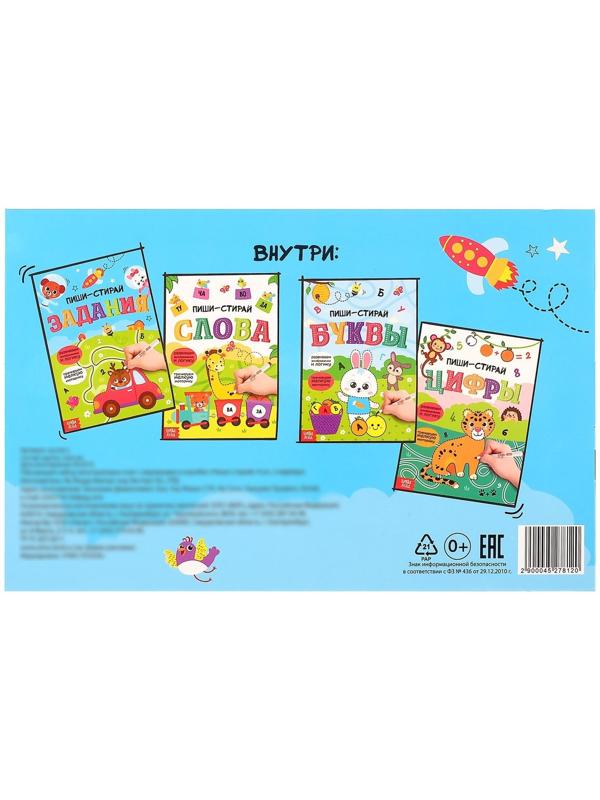 Обучающий набор многоразовых книг с маркерами в коробке «Пиши-стирай», 4 шт. по 12 стр. + 2 маркера