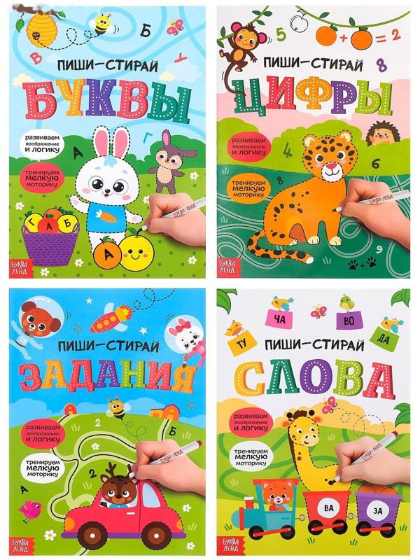 Обучающий набор многоразовых книг с маркерами в коробке «Пиши-стирай», 4 шт. по 12 стр. + 2 маркера