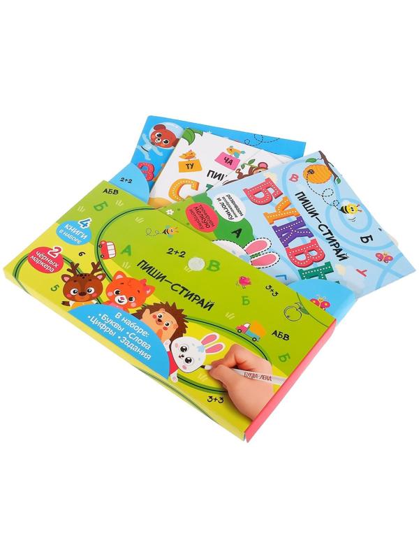 Обучающий набор многоразовых книг с маркерами в коробке «Пиши-стирай», 4 шт. по 12 стр. + 2 маркера