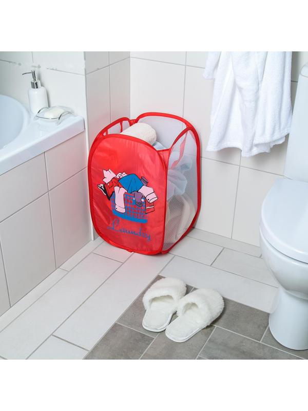 Корзина-сетка «Большая стирка», складная, 32×32×52 см, цвет красный