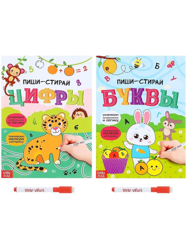 Набор многоразовых книг с маркером «Пиши-стирай. Буквы и цифры», 2 шт. по 12 стр.