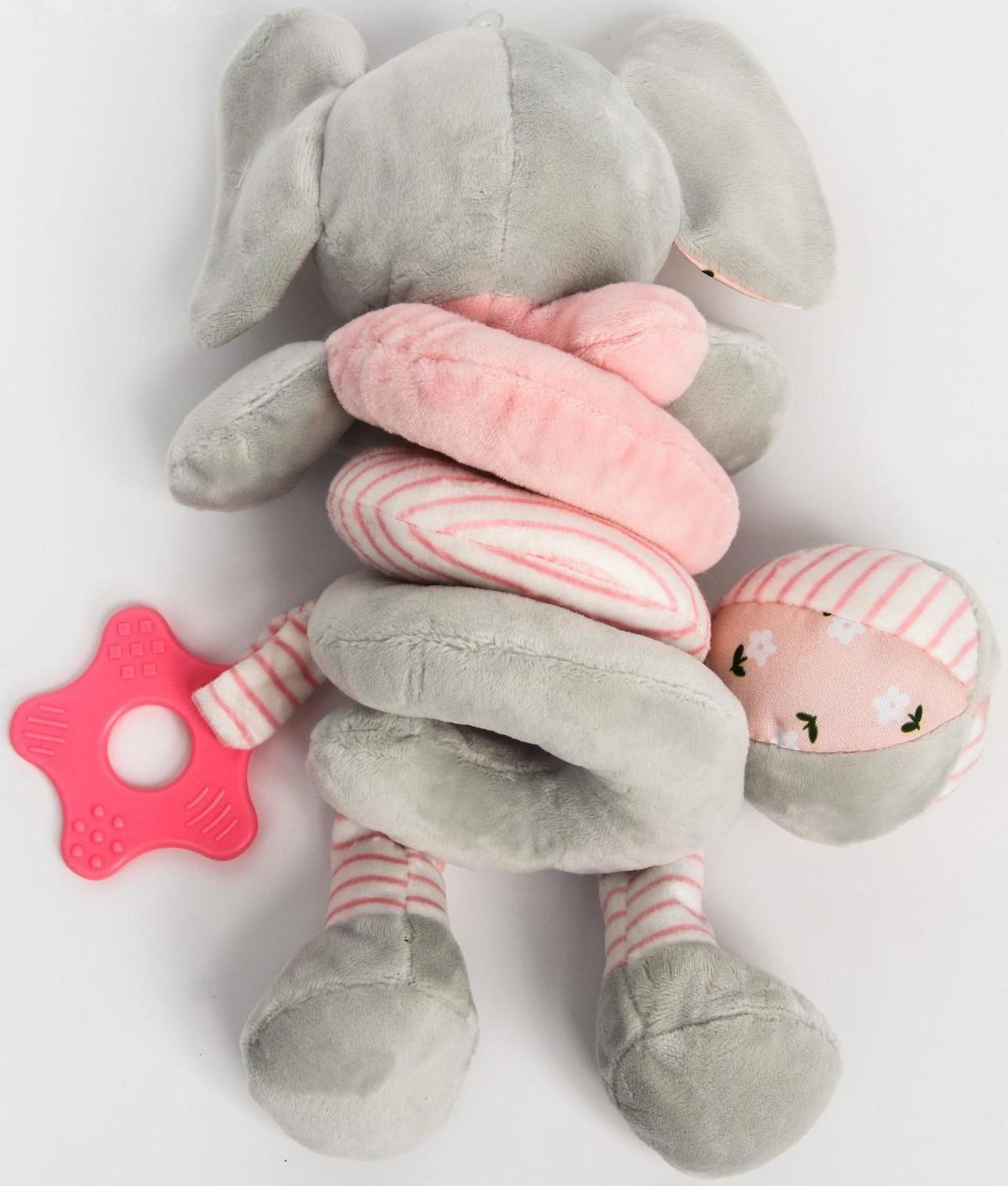 Растяжка - спираль мягкая с погремушкой на кроватку/коляску «Слоник розовый»