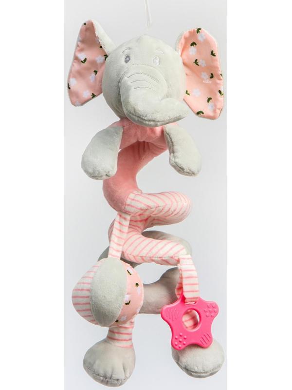 Растяжка - спираль мягкая с погремушкой на кроватку/коляску «Слоник розовый»