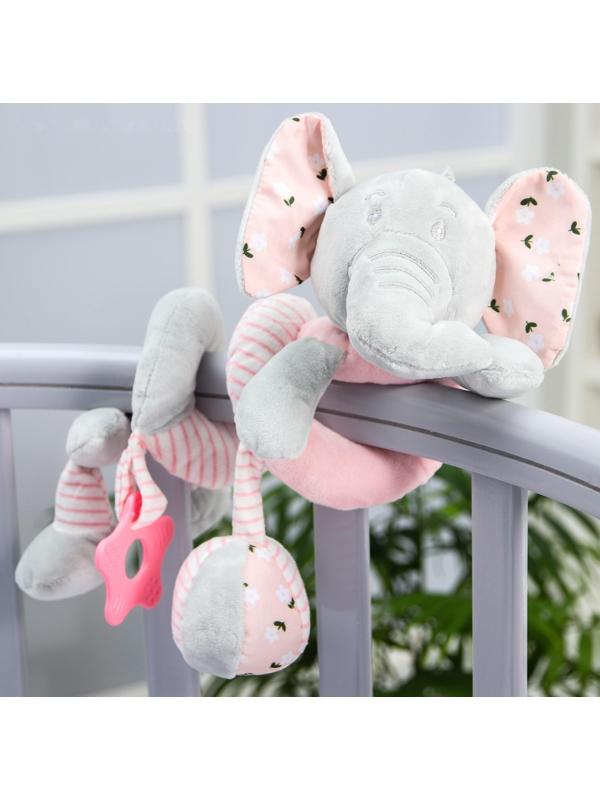 Растяжка - спираль мягкая с погремушкой на кроватку/коляску «Слоник розовый»