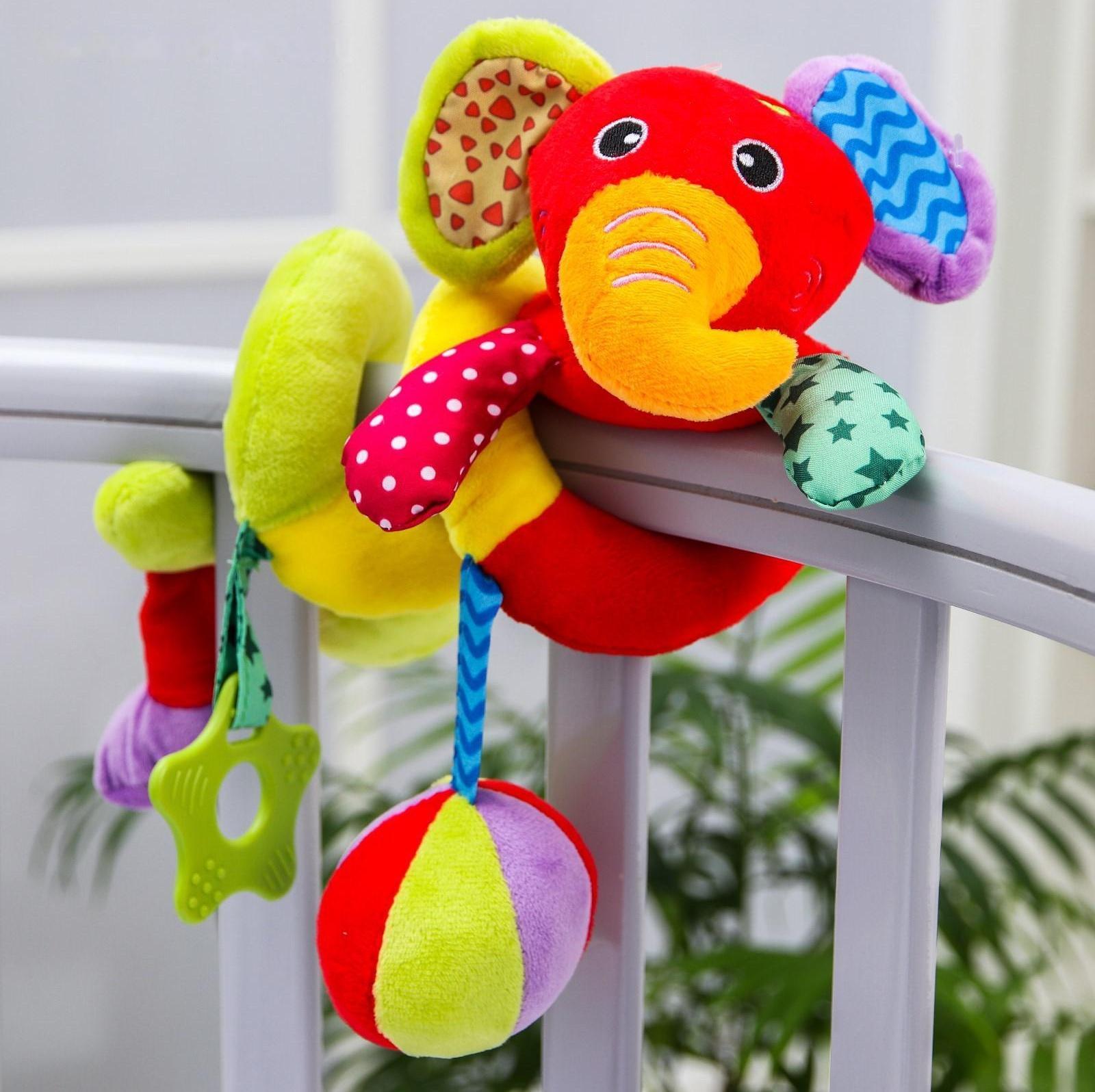 Растяжка - спираль мягкая с погремушкой на кроватку/коляску «Слоник яркий»