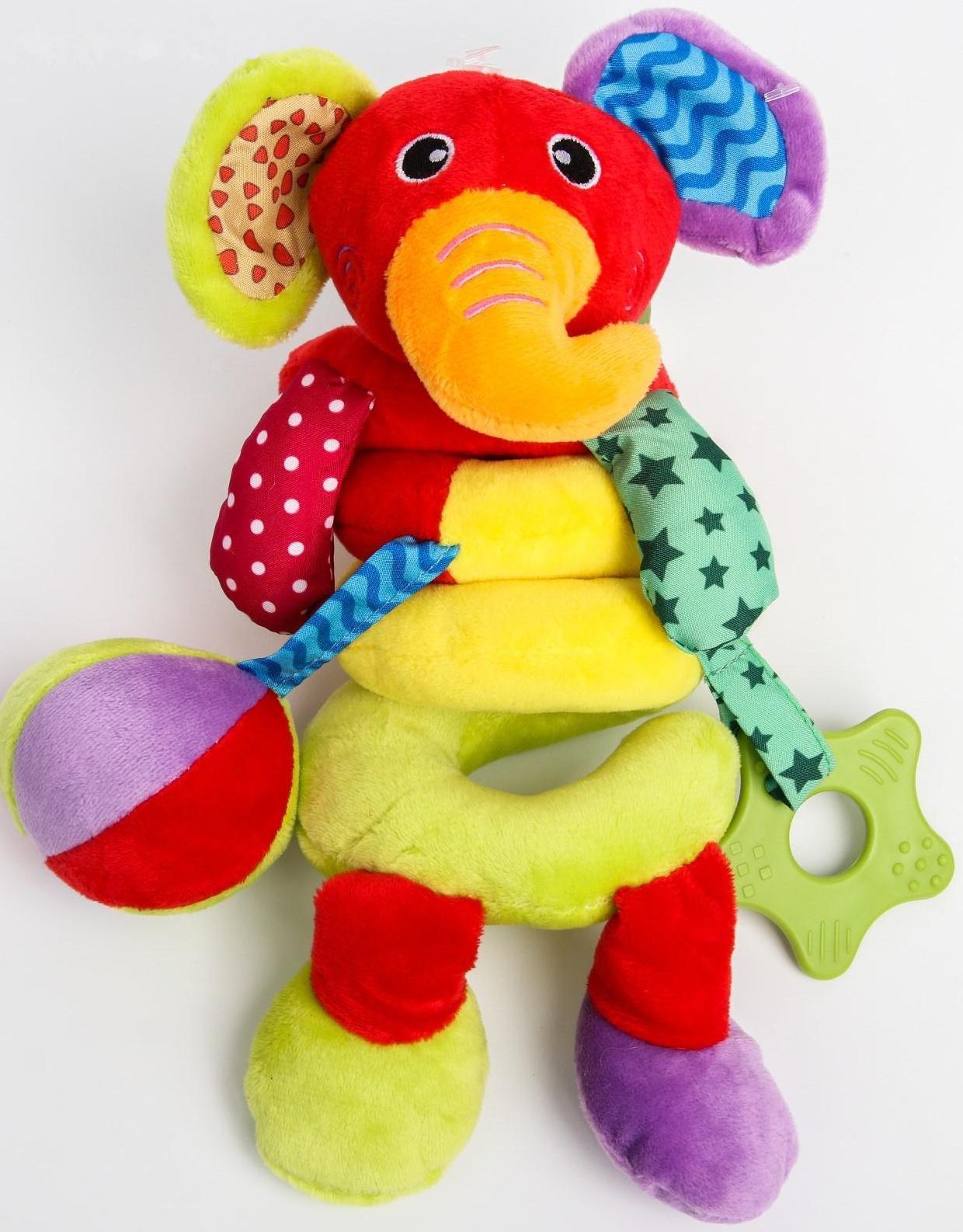 Растяжка - спираль мягкая с погремушкой на кроватку/коляску «Слоник яркий»