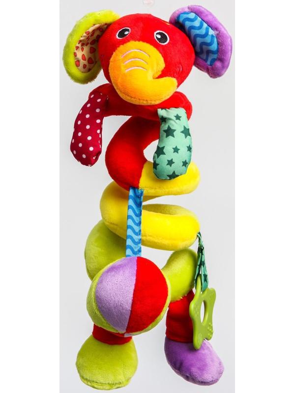 Растяжка - спираль мягкая с погремушкой на кроватку/коляску «Слоник яркий»