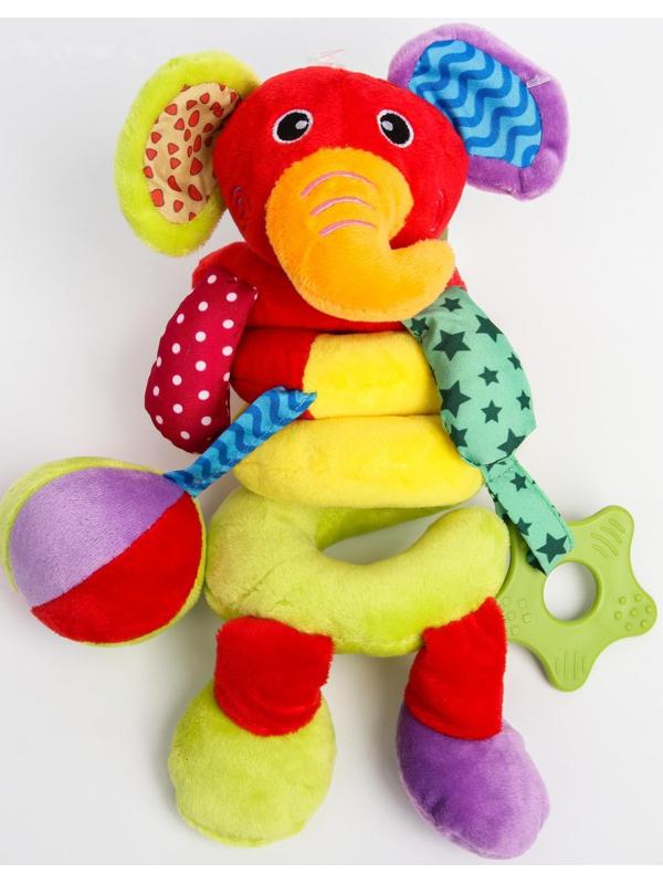 Растяжка - спираль мягкая с погремушкой на кроватку/коляску «Слоник яркий»