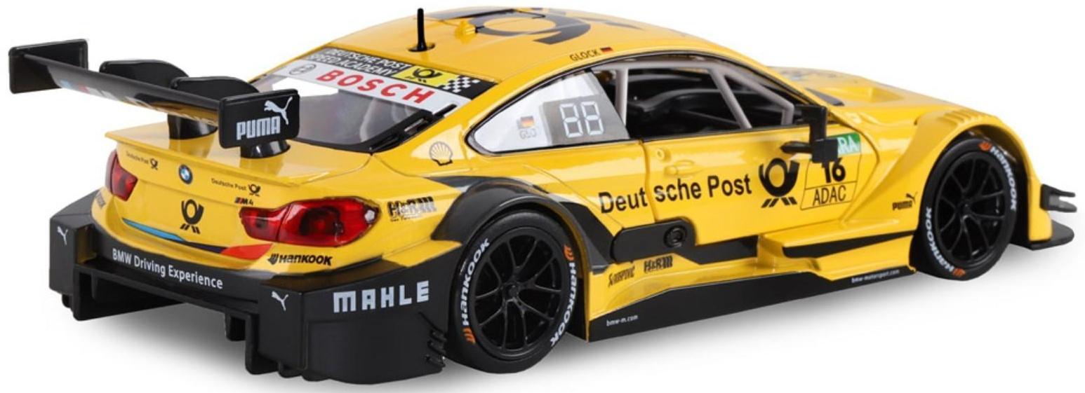 Машина металлическая BMW M4 1:24, открываются передние двери и капот, свободный ход колёс, световые и звуковые эффекты, цвет жёлтый