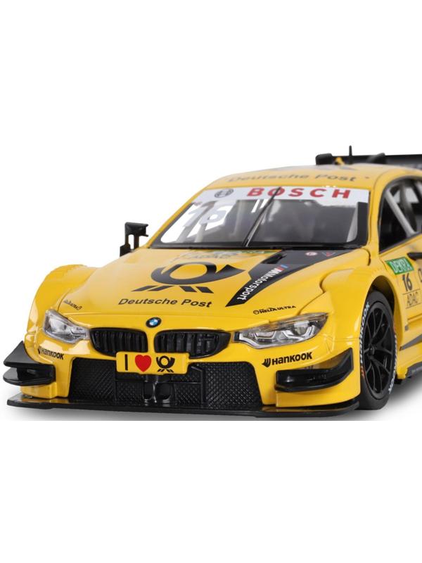 Машина металлическая BMW M4 1:24, открываются передние двери и капот, свободный ход колёс, световые и звуковые эффекты, цвет жёлтый