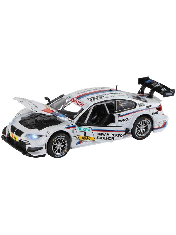 Машина металлическая BMW M3 DTM 1:32, инерция, световые и звуковые эффекты, открываются двери, цвет белый