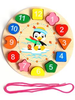 Развивающие часы 3в1 «Пингвин» (часы, рамка-вкладыш, шнуровка) 17,5х17,5х3 см