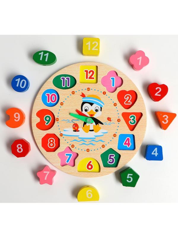 Развивающие часы 3в1 «Пингвин» (часы, рамка-вкладыш, шнуровка) 17,5х17,5х3 см