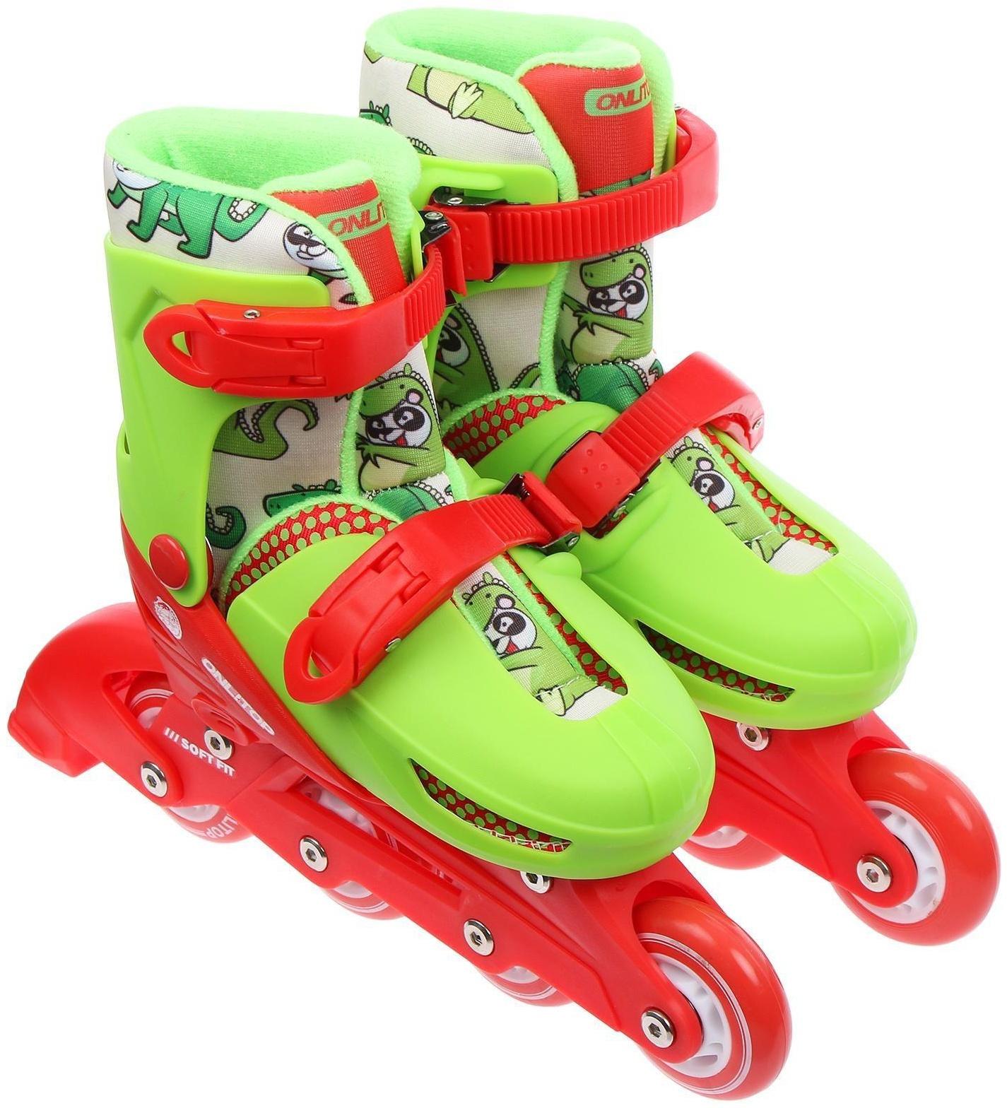 Роликовые коньки раздвижные, р.30-33, колеса PVC 64 мм, пластик. рама, цвет красный/зеленый