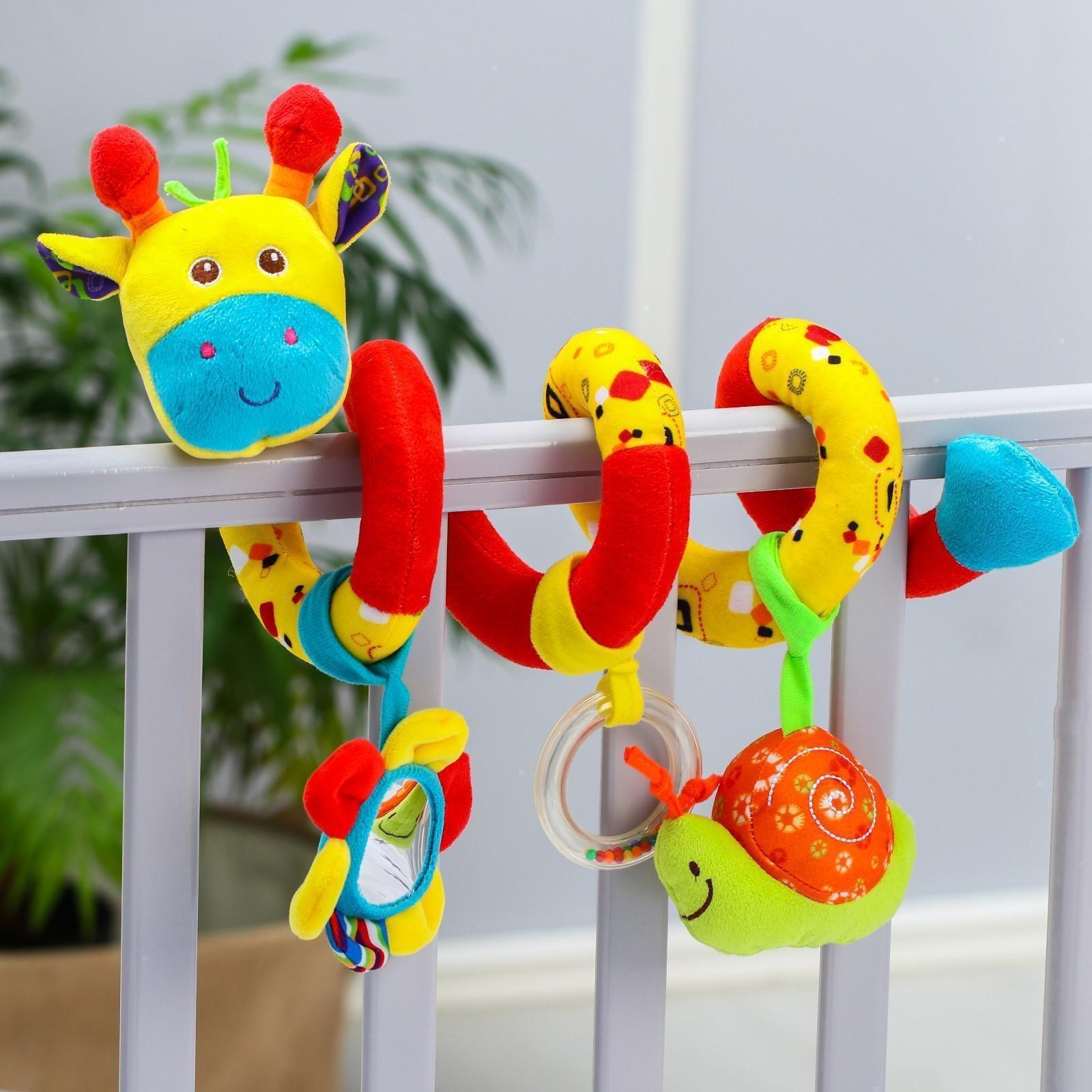 Растяжка - спираль мягкая с погремушкой на кроватку/коляску «Жирафик», 30 - 84 см
