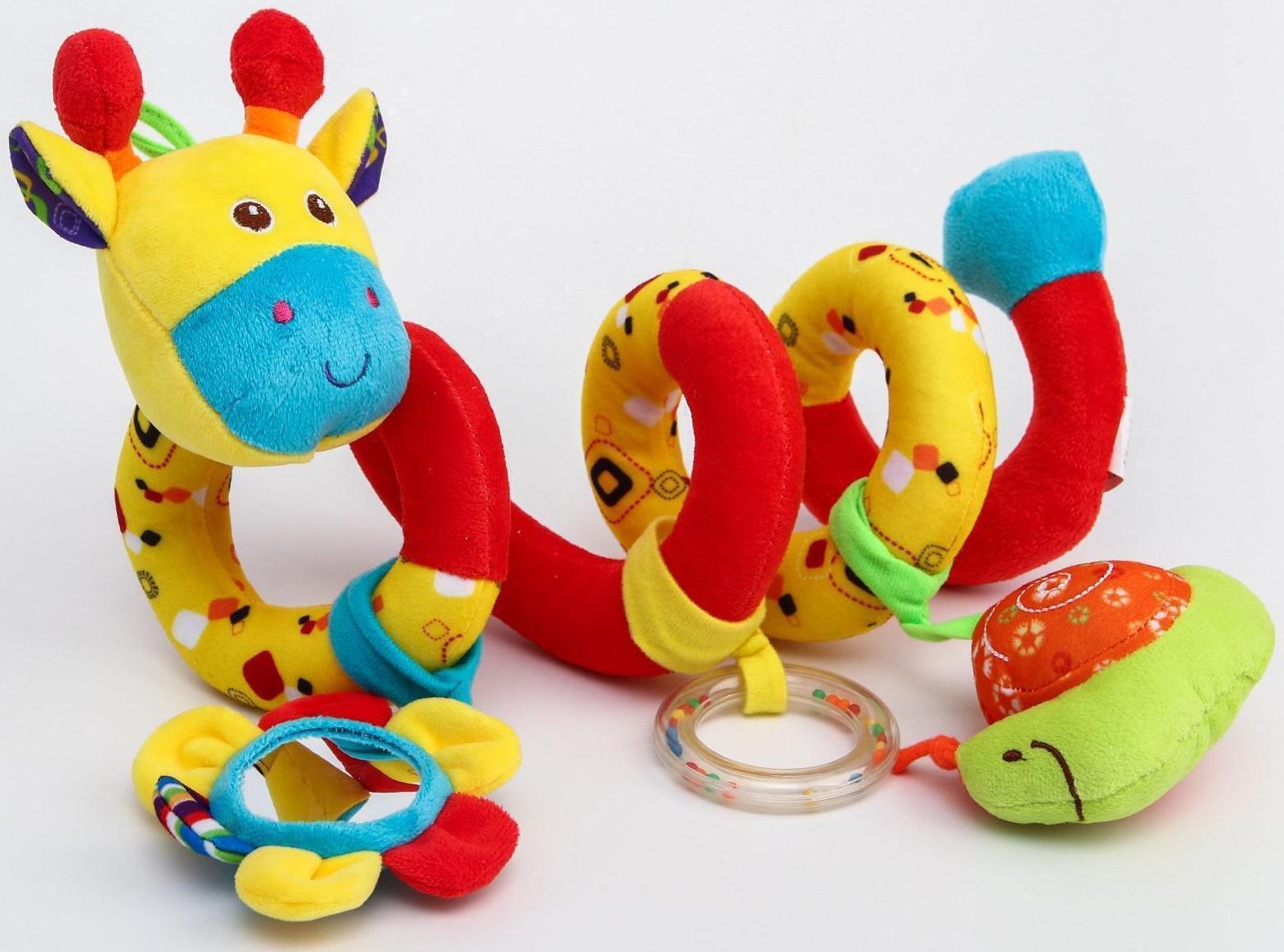 Растяжка - спираль мягкая с погремушкой на кроватку/коляску «Жирафик», 30 - 84 см