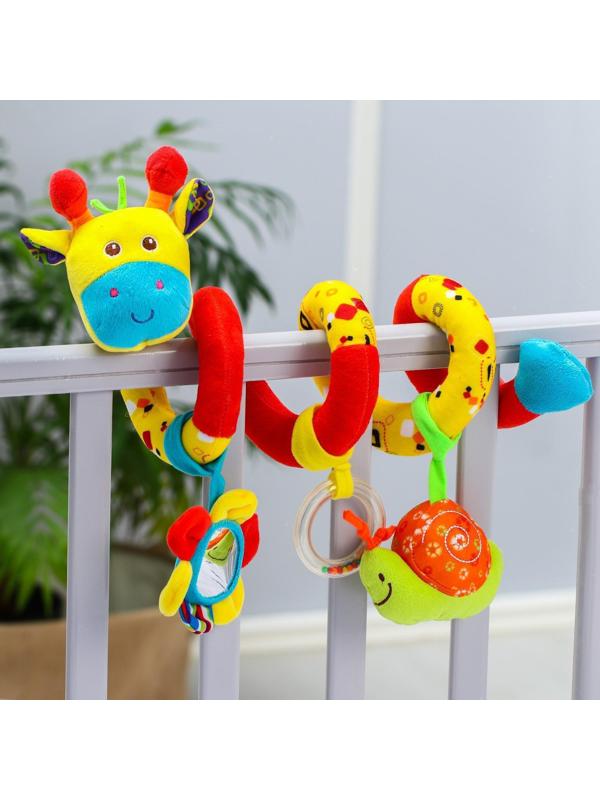 Растяжка - спираль мягкая с погремушкой на кроватку/коляску «Жирафик», 30 - 84 см