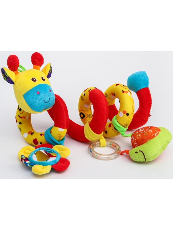 Растяжка - спираль мягкая с погремушкой на кроватку/коляску «Жирафик», 30 - 84 см