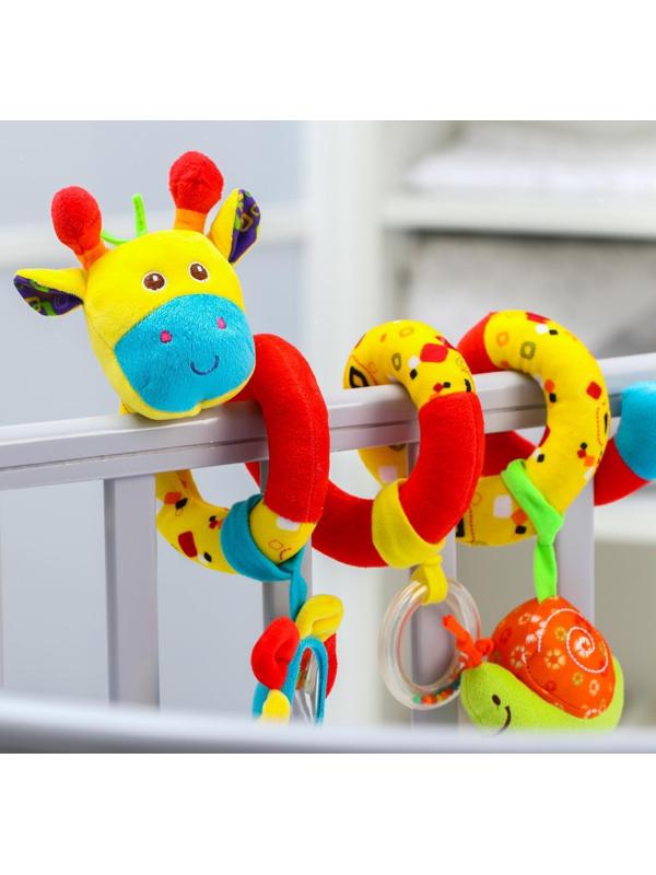Растяжка - спираль мягкая с погремушкой на кроватку/коляску «Жирафик», 30 - 84 см