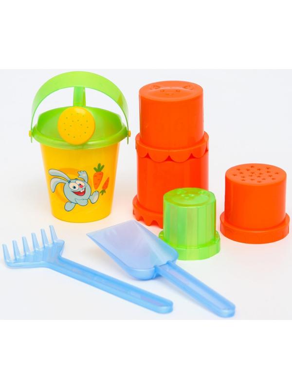 Песочный набор «Крош», Смешарики, ведёрко-лейка 350 мл, грабли, совок, 4 формочки, в сетке
