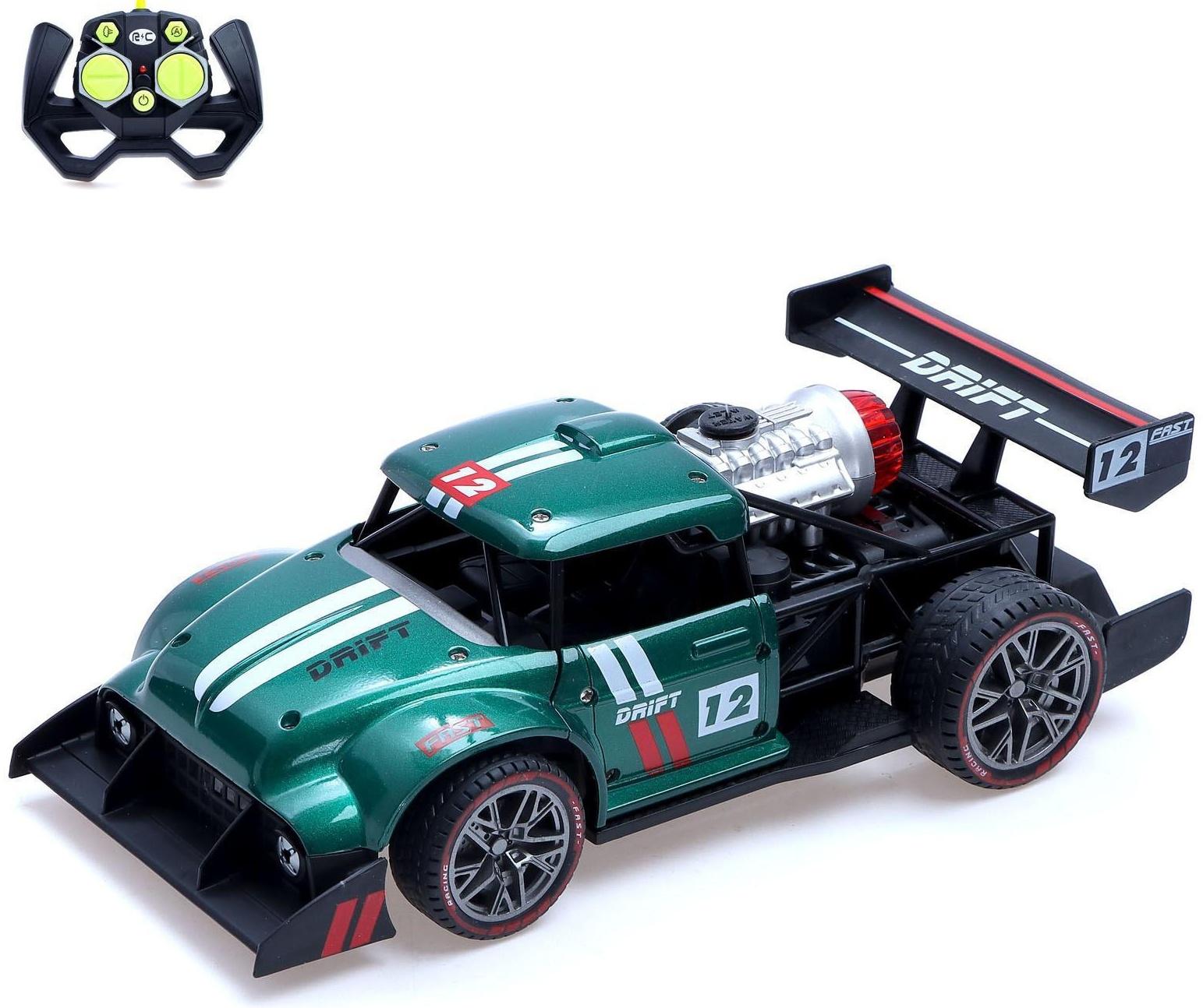 Машина радиоуправляемая «Хот-род», эффект дыма, свет и звук, работает от аккумулятора, цвет зелёный