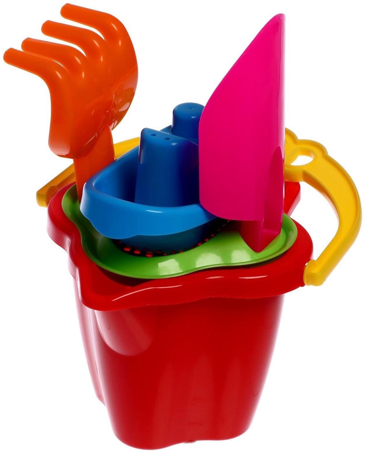 Песочный набор № 119: ведро 0,6 л, сито, лопатка 19 см, грабли, 1 кораблик малый