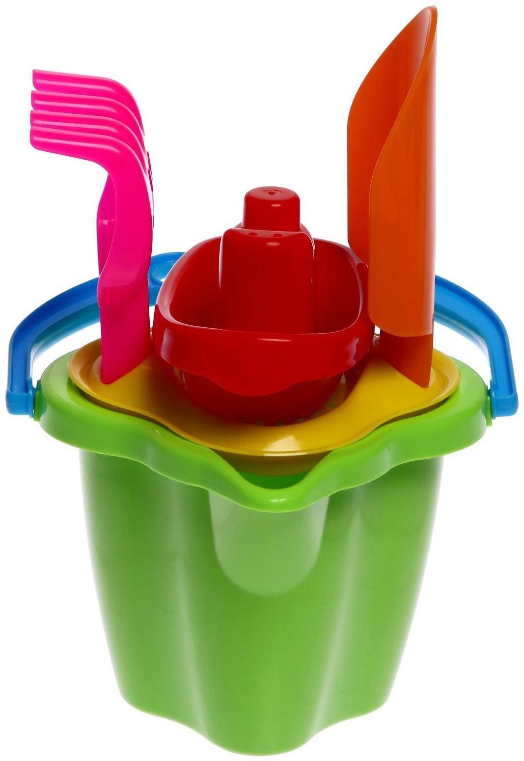 Песочный набор № 119: ведро 0,6 л, сито, лопатка 19 см, грабли, 1 кораблик малый