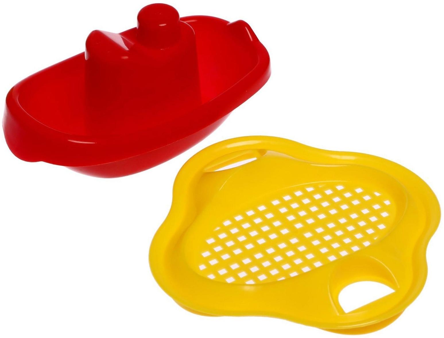 Песочный набор № 119: ведро 0,6 л, сито, лопатка 19 см, грабли, 1 кораблик малый