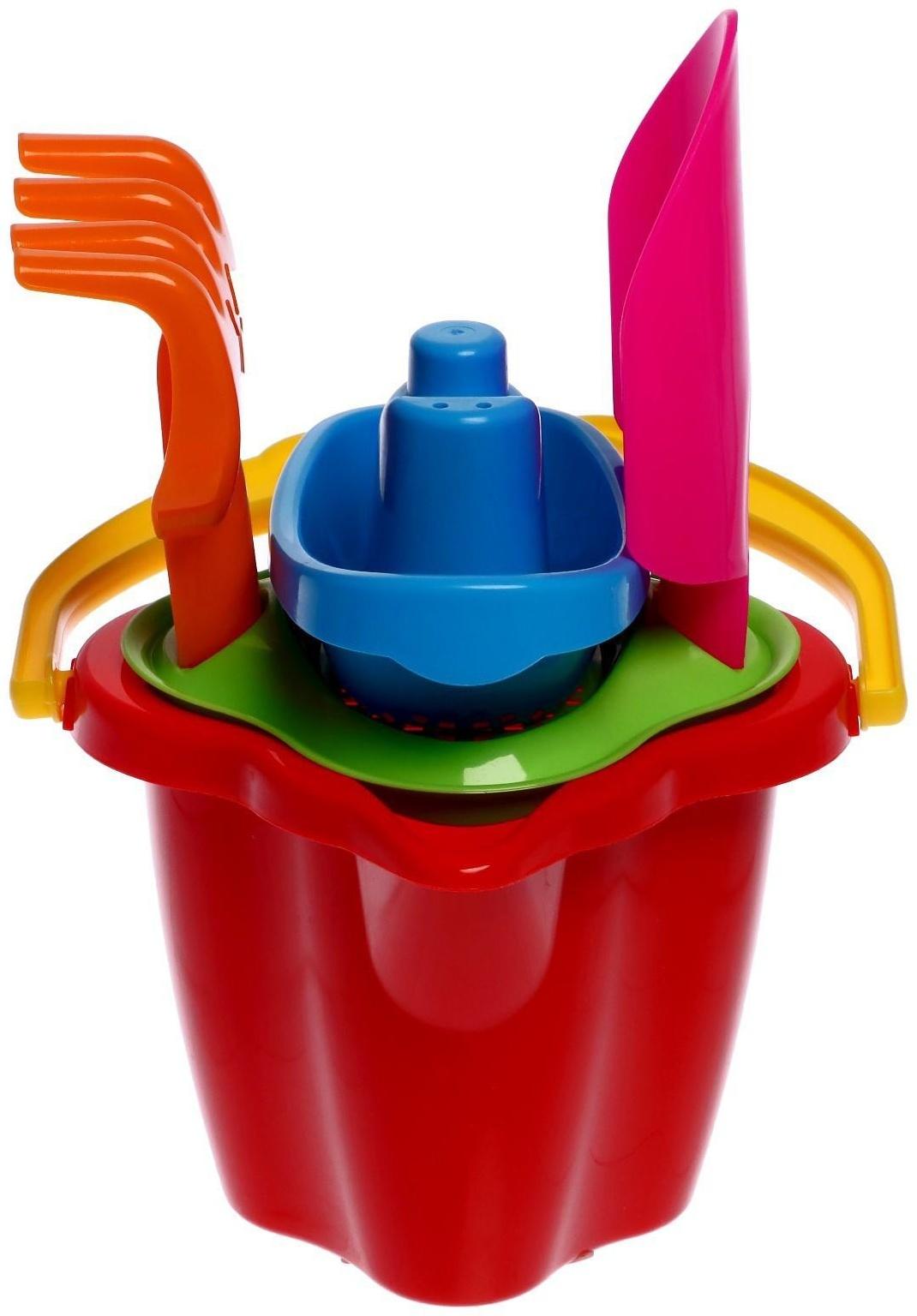 Песочный набор № 119: ведро 0,6 л, сито, лопатка 19 см, грабли, 1 кораблик малый