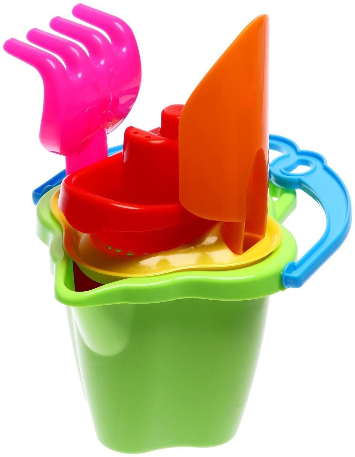 Песочный набор № 119: ведро 0,6 л, сито, лопатка 19 см, грабли, 1 кораблик малый