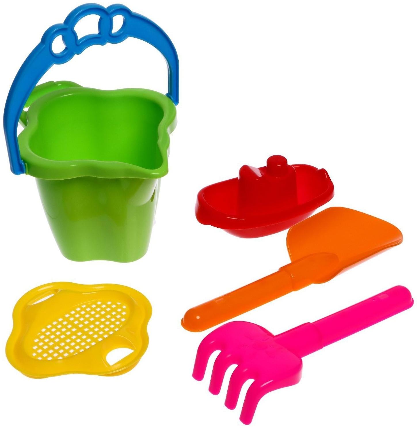 Песочный набор № 119: ведро 0,6 л, сито, лопатка 19 см, грабли, 1 кораблик малый