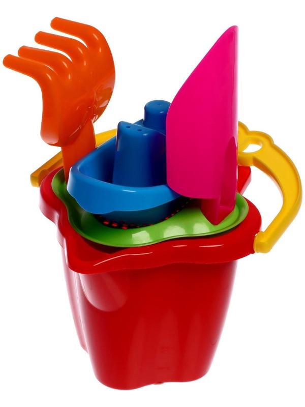 Песочный набор № 119: ведро 0,6 л, сито, лопатка 19 см, грабли, 1 кораблик малый