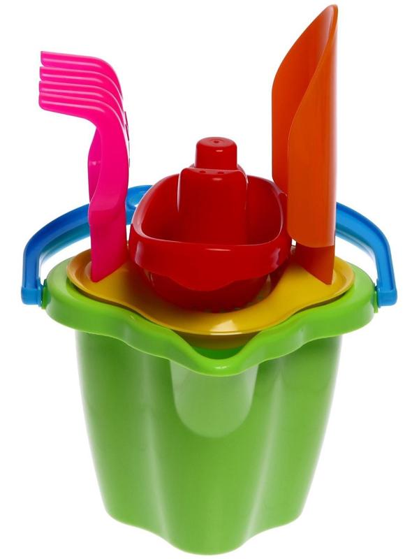 Песочный набор № 119: ведро 0,6 л, сито, лопатка 19 см, грабли, 1 кораблик малый