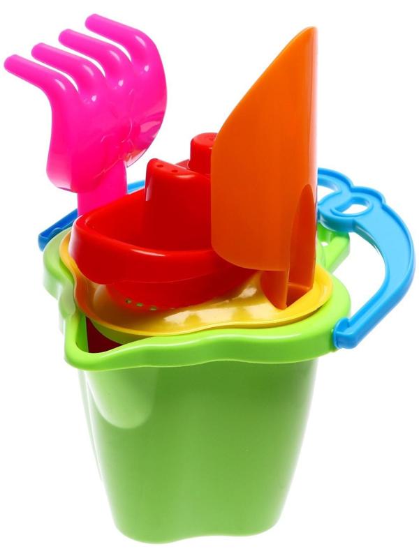 Песочный набор № 119: ведро 0,6 л, сито, лопатка 19 см, грабли, 1 кораблик малый